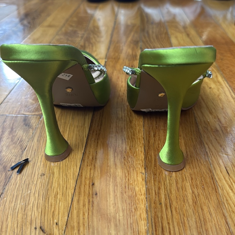 RAYE Neon Green Crystal-Embellished Pointed Satin Mules - Picture 3 of 5